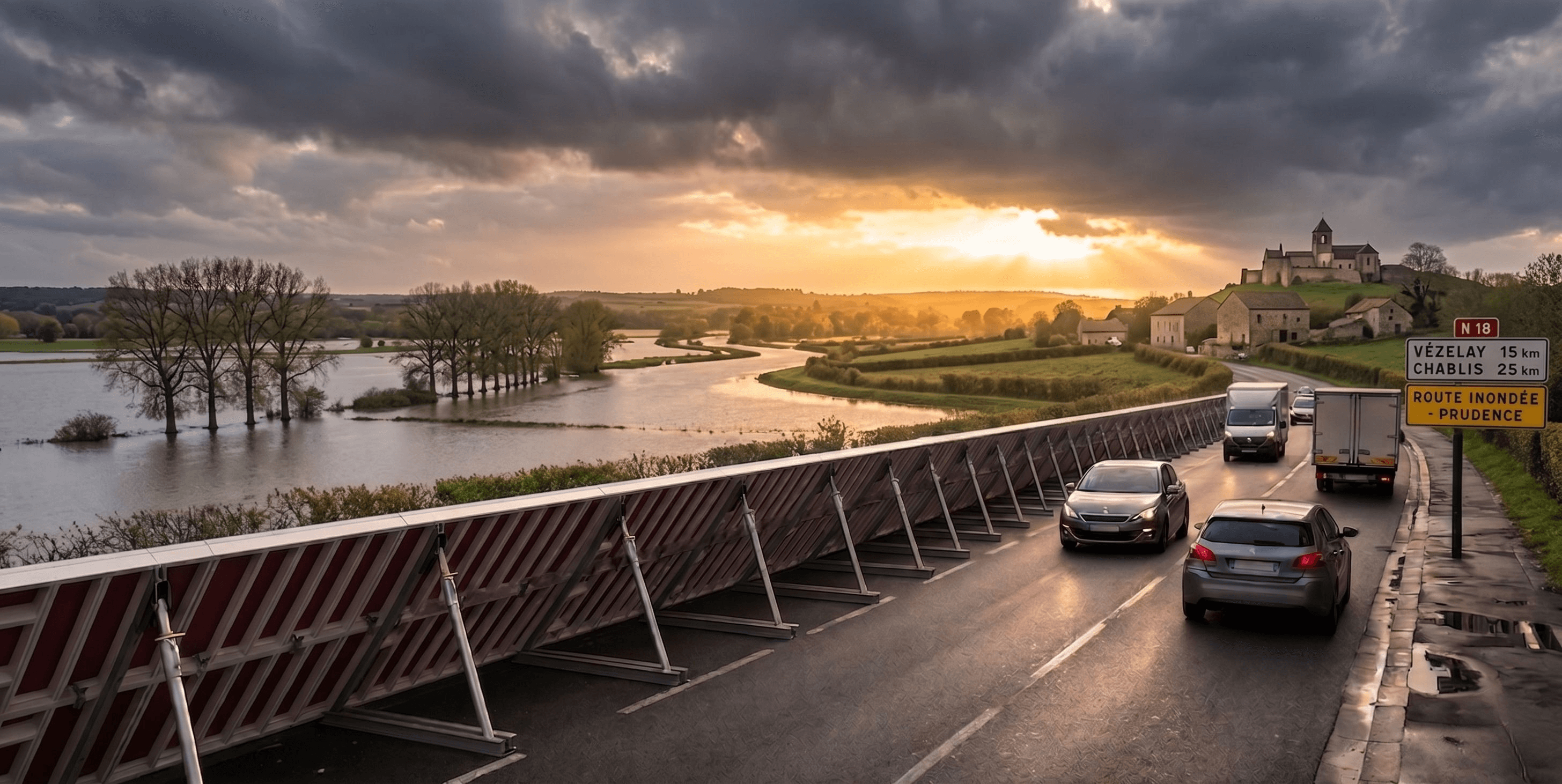 MODU BLOCK — protection anti-crue sur route inondée au coucher du soleil